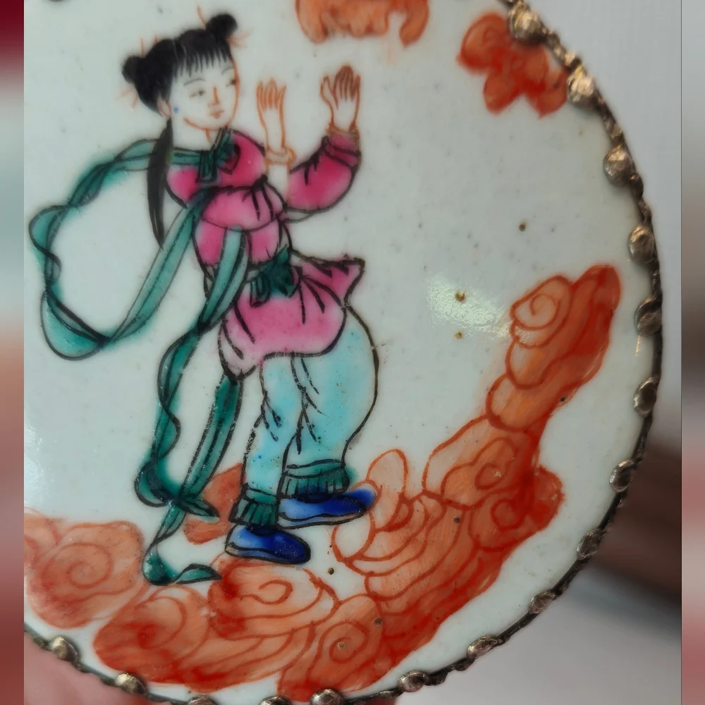 Vintage Chinese Hand Painted with Jade Stone Handle Silver Vanity Mirror